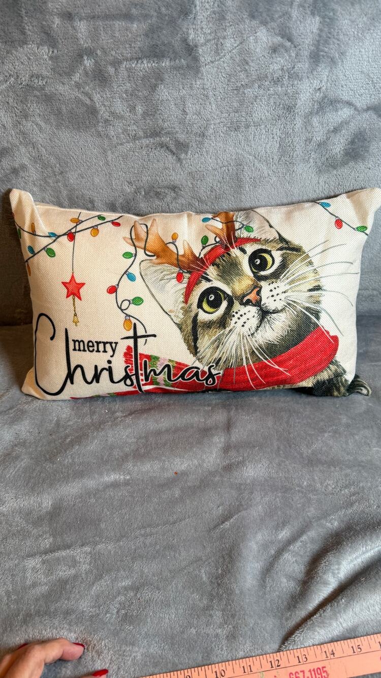 Christmas Cat Reindeer Lumbar Throw Pillow 18x11 Merry Christmas Holiday Decor